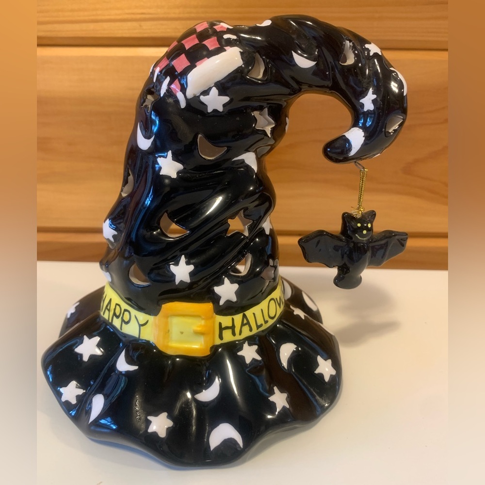Dalton Ceramic Witches Hat Tealight Holder w/Hanging Bat